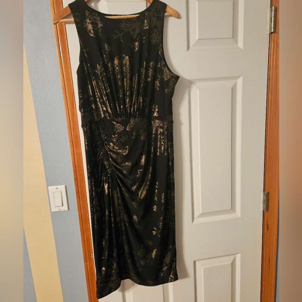 Superfoxx, Black Dress With Gold Floral Print, Knee Slit, Size L, Formal Event